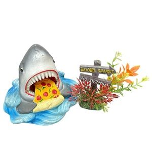 Fish Tank Ornaments Shark Eating Pizza and Sign/Shrubs Beware Shark No‎ Swimming
